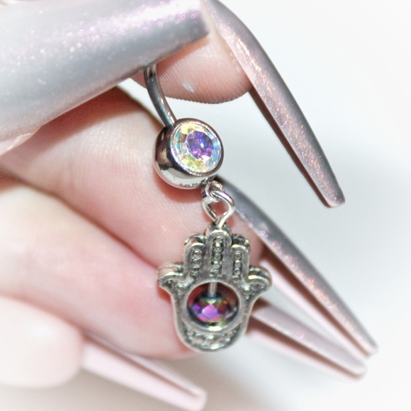 Crystal Hamsa Hand Belly Ring - Picture 14 of 16